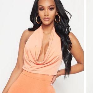 $Shape Coral Slinky Cowl Neck Bodysuit